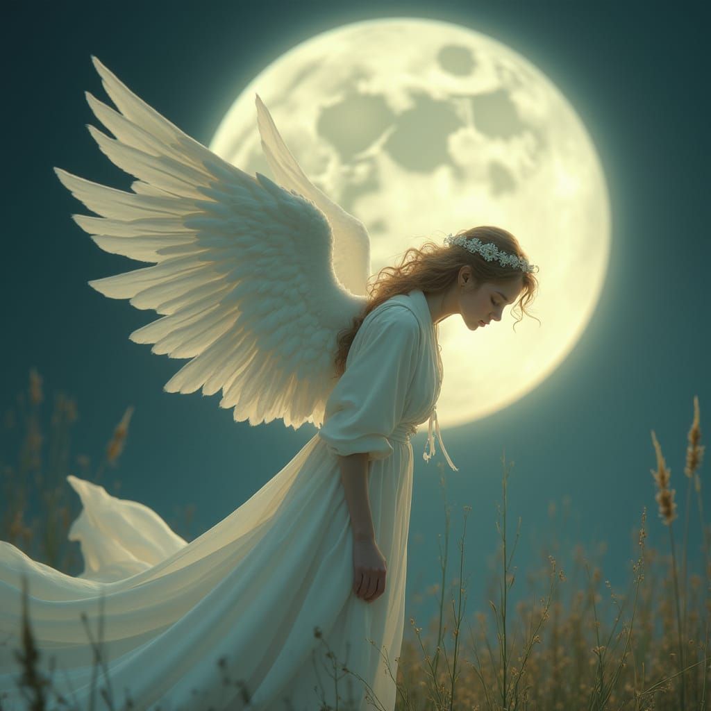 Angel Kissing the Moon in Whimsical Style