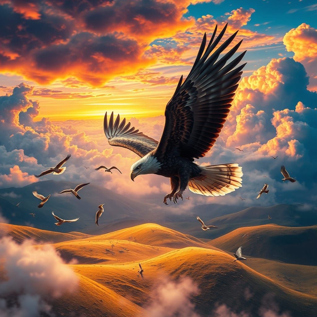 Majestic Eagle Soars Above Rolling Hills in Vibrant Fantasy ...