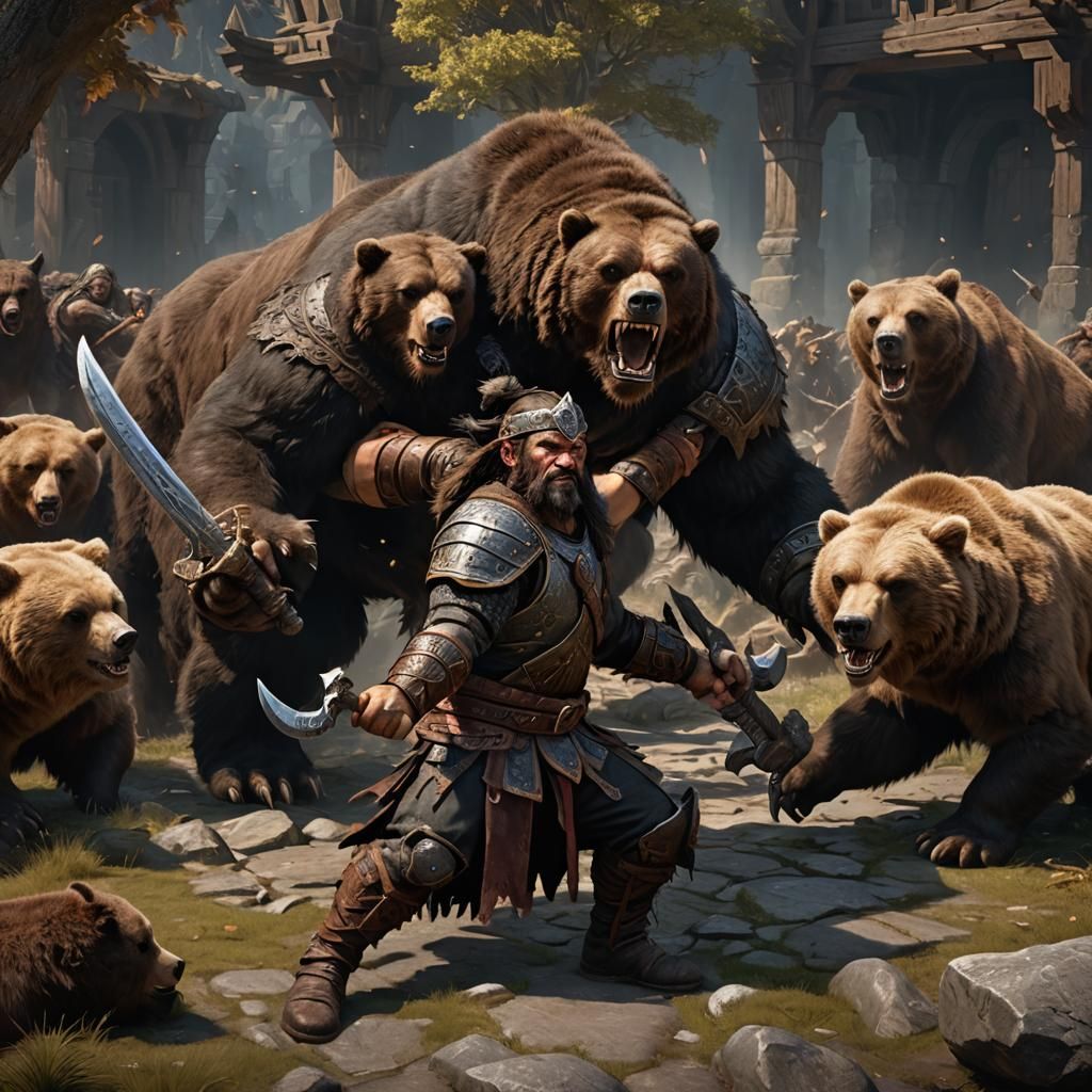 Dwarf Barbarian Battles Bear: Fantasy Concept Art