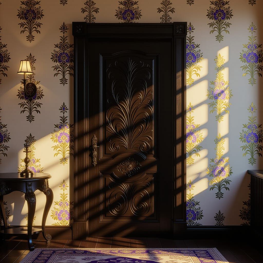 Dark Wood Floral Door with Ornate Handle in Afternoon Light