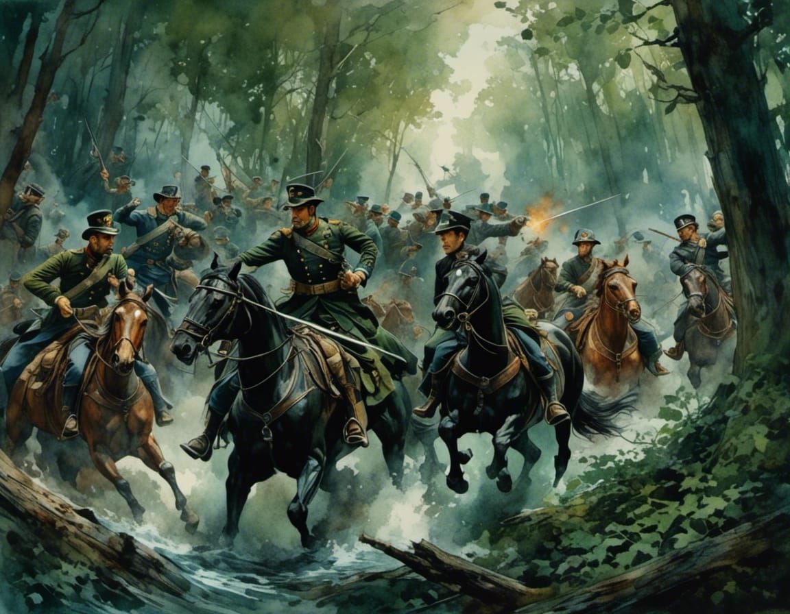Civil War Battle in Dark Forest, Hyperrealistic Art