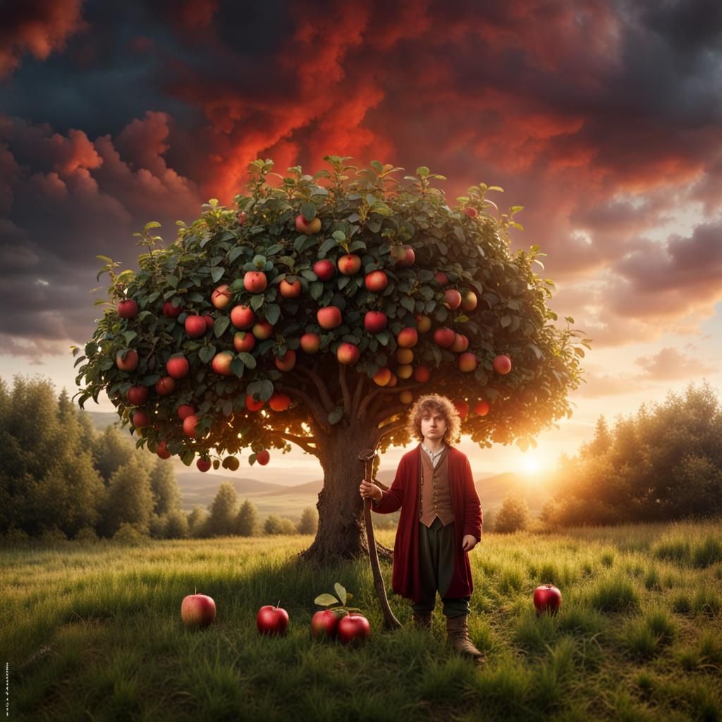 Hobbit with Apple Tree in Middle Earth