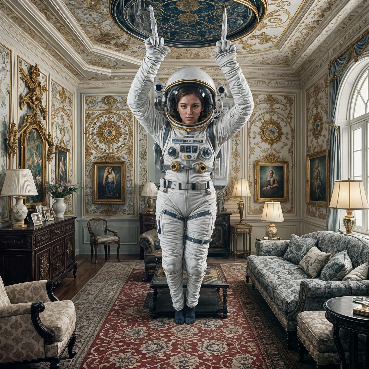 Astronaut Woman Floats Upside Down in Detailed Living Room