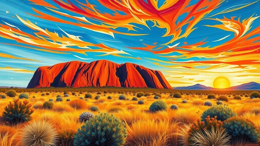Surreal Australian Sunset Over Ayers Rock in Neo-Impressioni...