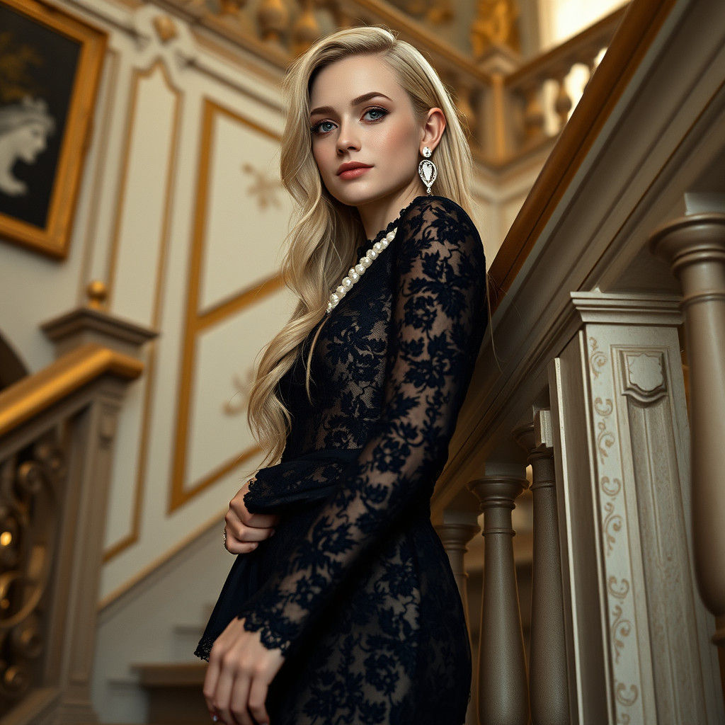 Elegant Blond Woman in Lace Gown, Fantasy Concept Art