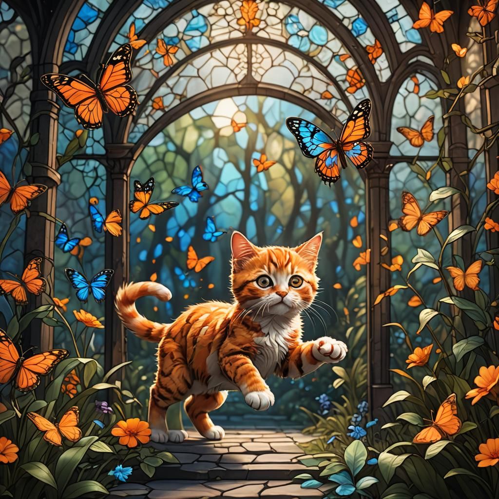 Stained Glass Kitten's Butterfly Chase