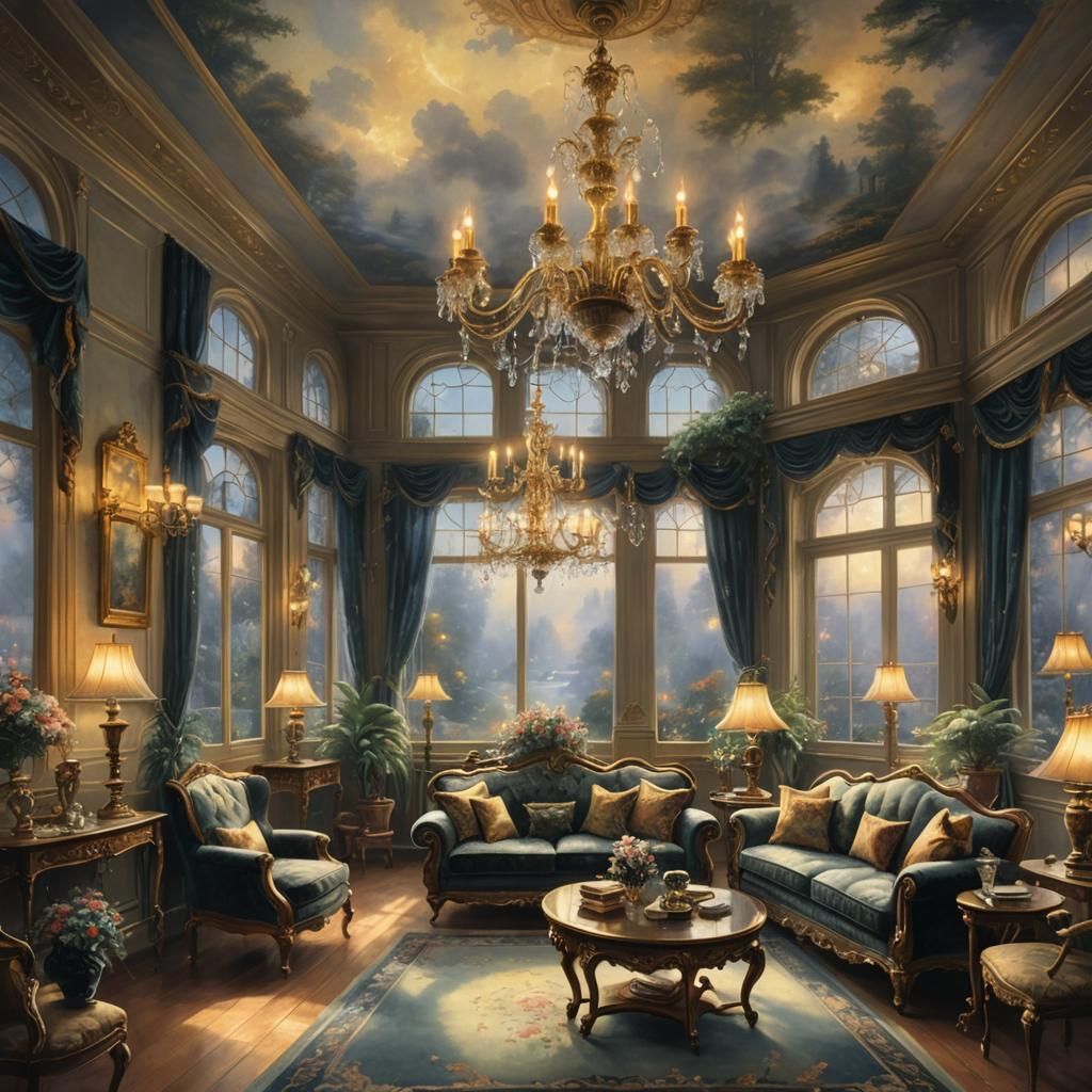 Black and Gold Drawing Room with Chandelier