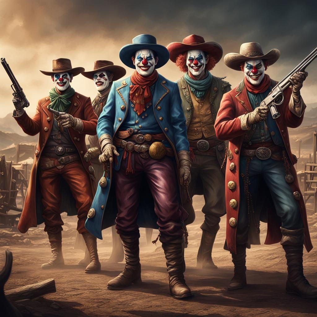 Five male clowns in the Old West holding guns at two Korean ...