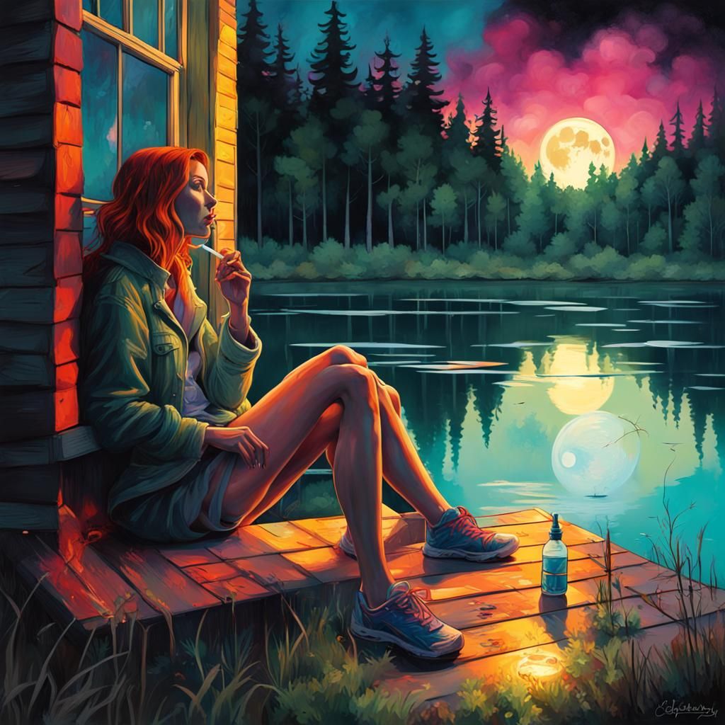 Woman's Lakeside Contemplation in Graffiti Art Style