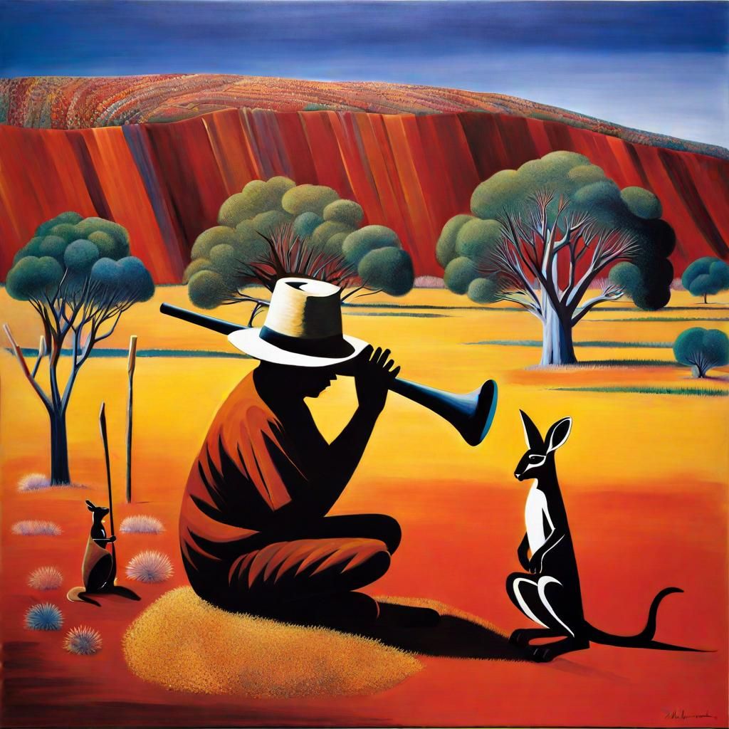 Man Plays Didgeridoo for Kangaroo in Aboriginal Art