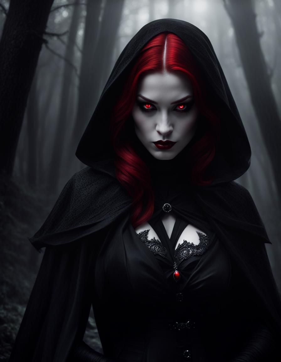 Gothic Vampire in Misty Dark Forest