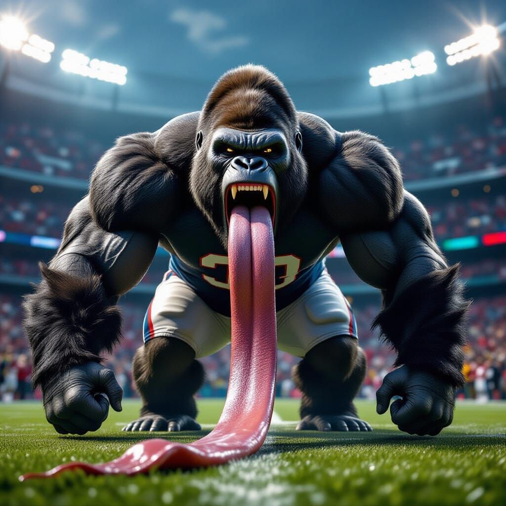 Humorous Gorilla Football Spectacle in Packed Stadium