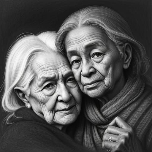 Expressive Charcoal Drawing of Wise Grandparents