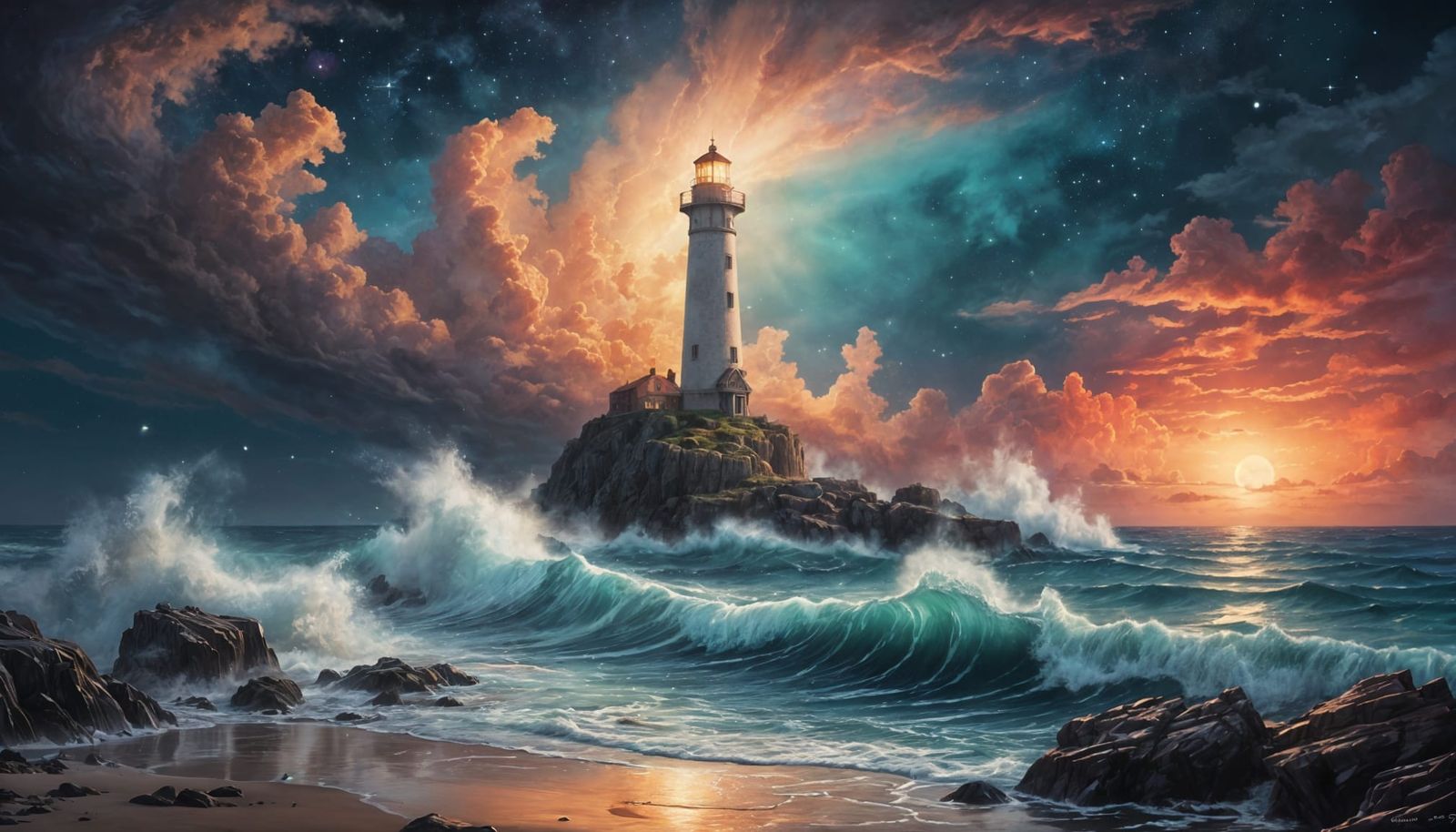 Lighthouse Illuminates Starry Night in Surreal Oil Painting