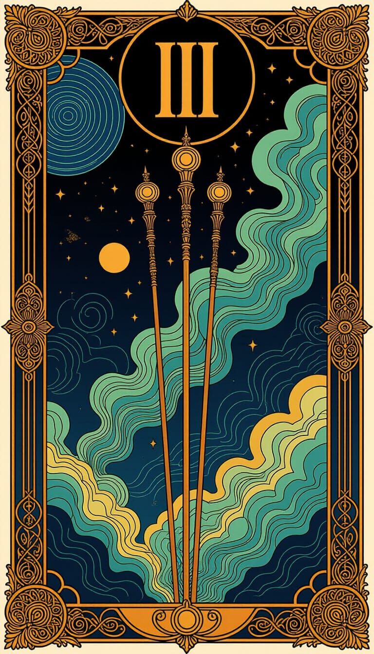 Mystical Three of Wands Tarot Card in Art Deco Style