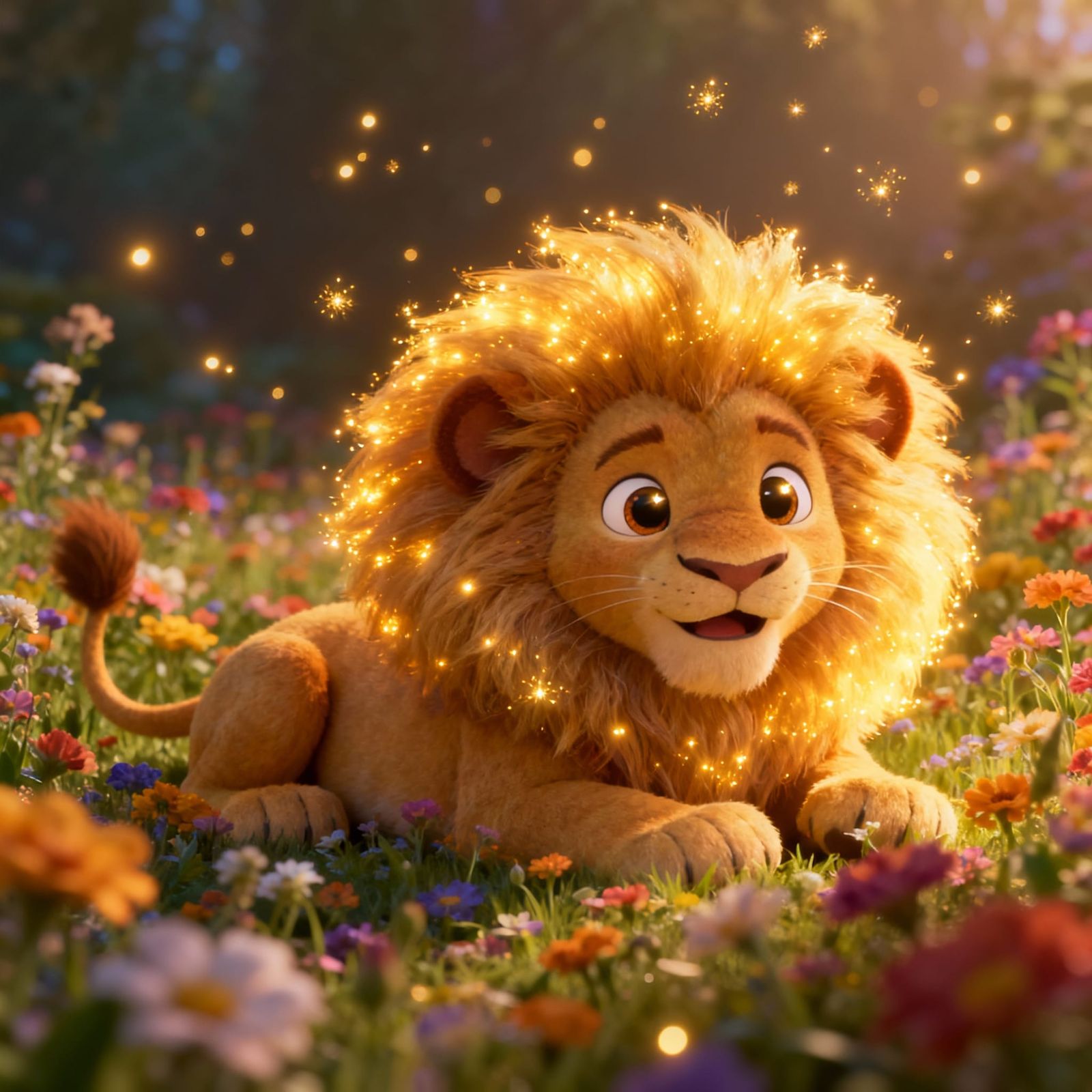 Disney Pixar Style Fluffy Baby Lion in Flower Field