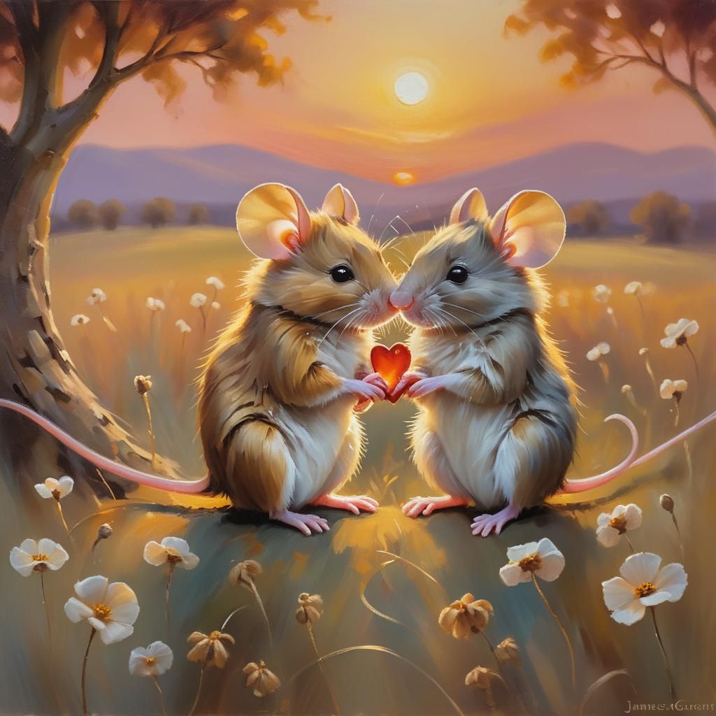 Mice Embrace in Romantic Oil Painting