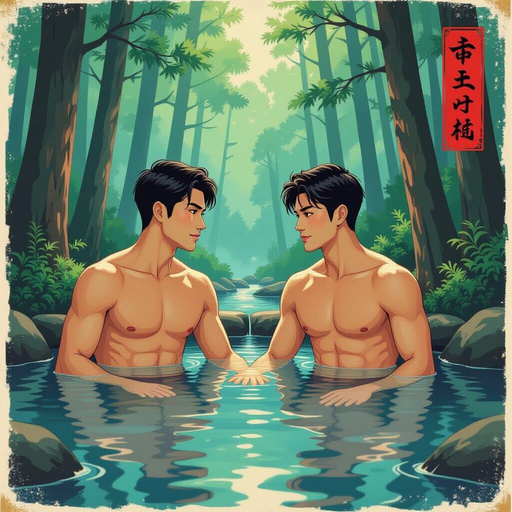 Shirtless Men in a Secret Hot Spring: Ukiyo-e Style