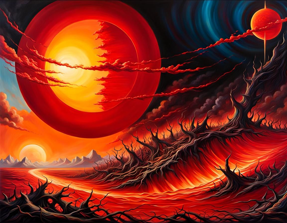 Apocalyptic Red Sun Over Destroyed Earth Painting