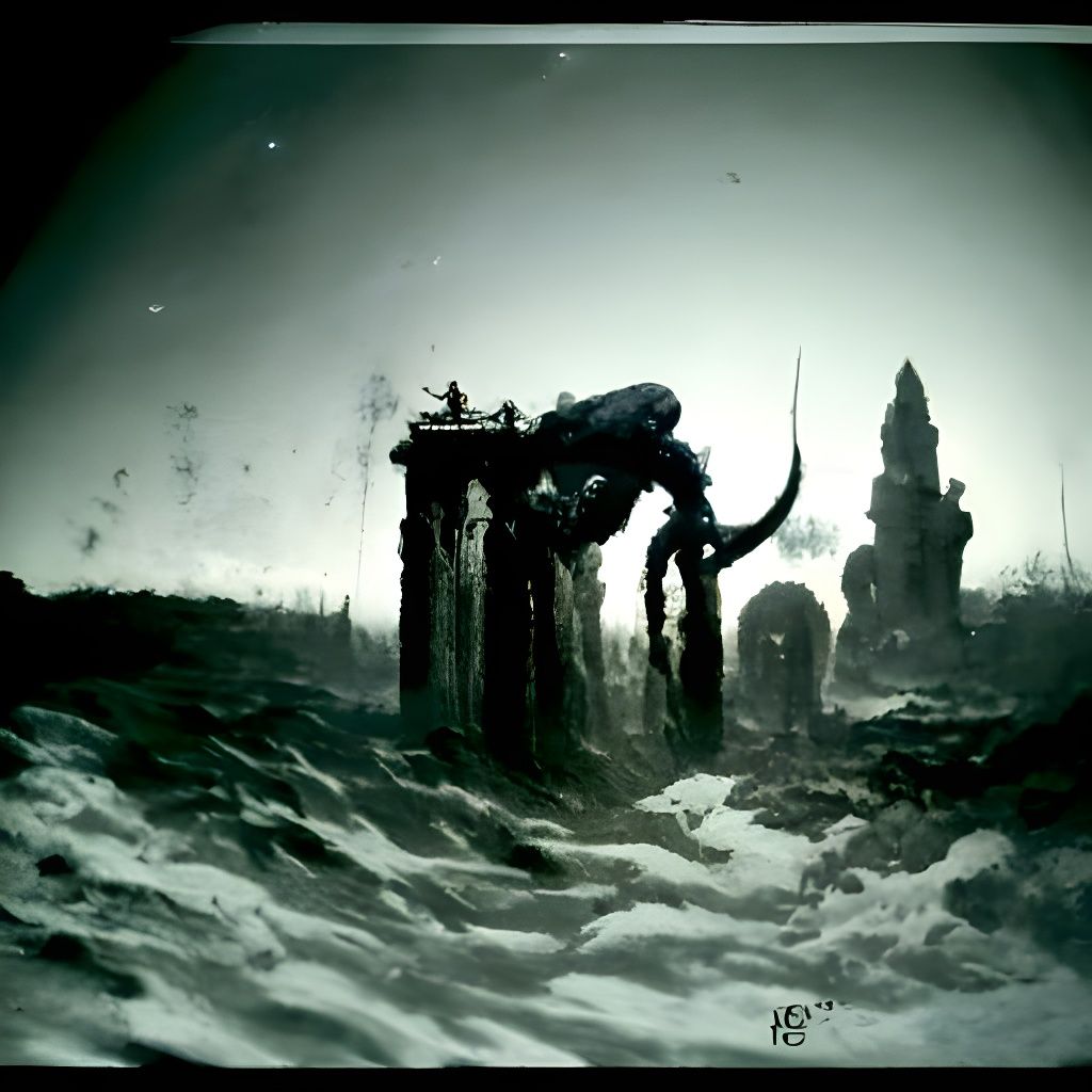 Eerie Underwater Ruins in Gustave Doré Style
