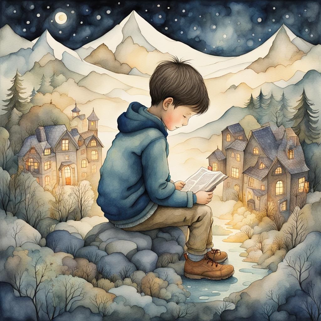 Whimsical Nighttime Storybook Illustration of Boy with Flash...