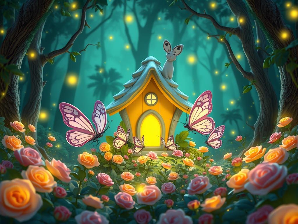 Bioluminescent Rose Forest with Butterflies in 3D Style