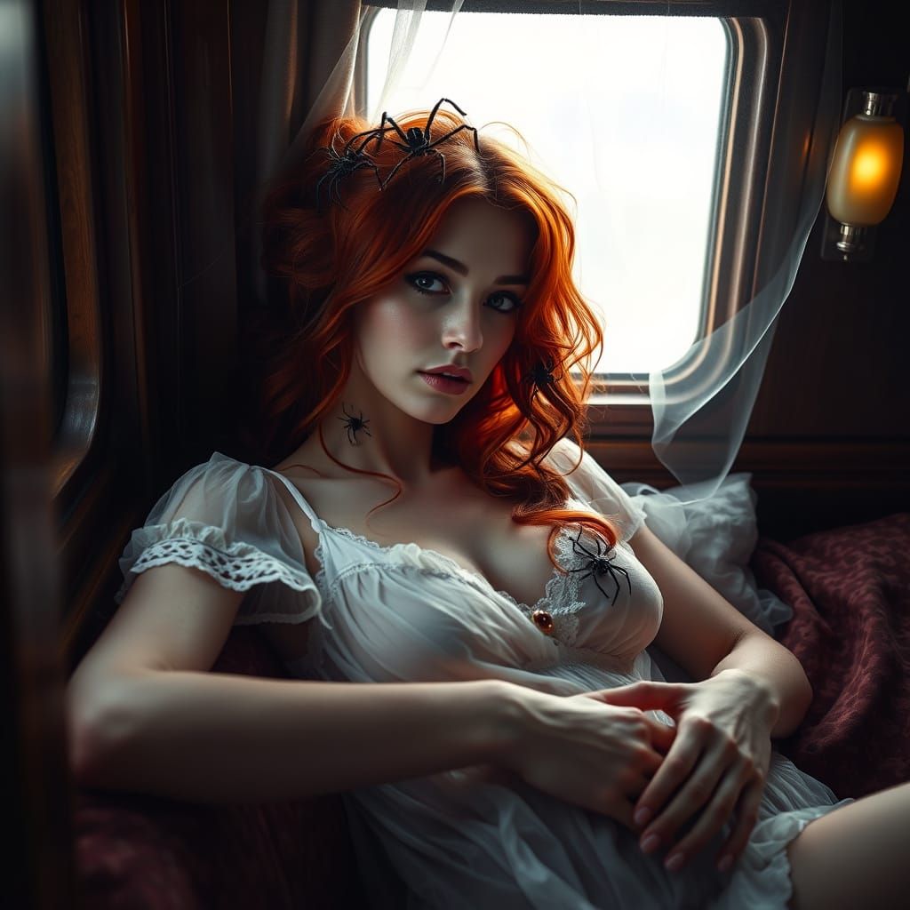 Ethereal Woman in Night Train Cabin