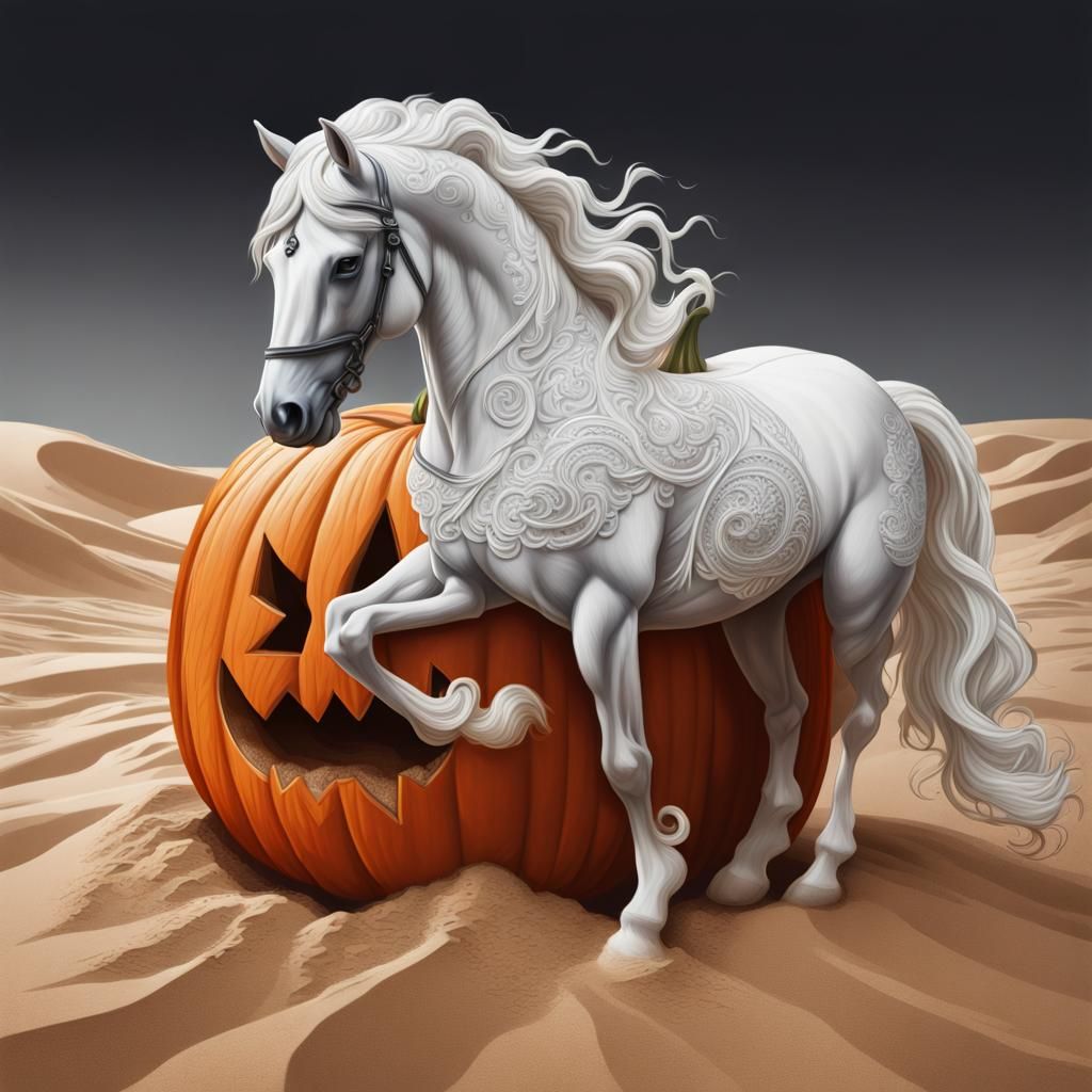 A white lace horse resting on a pumpkin in the desert