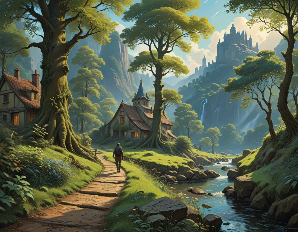 Idyllic Village Nestled Deep in a Lush Forest, in Soft Water...