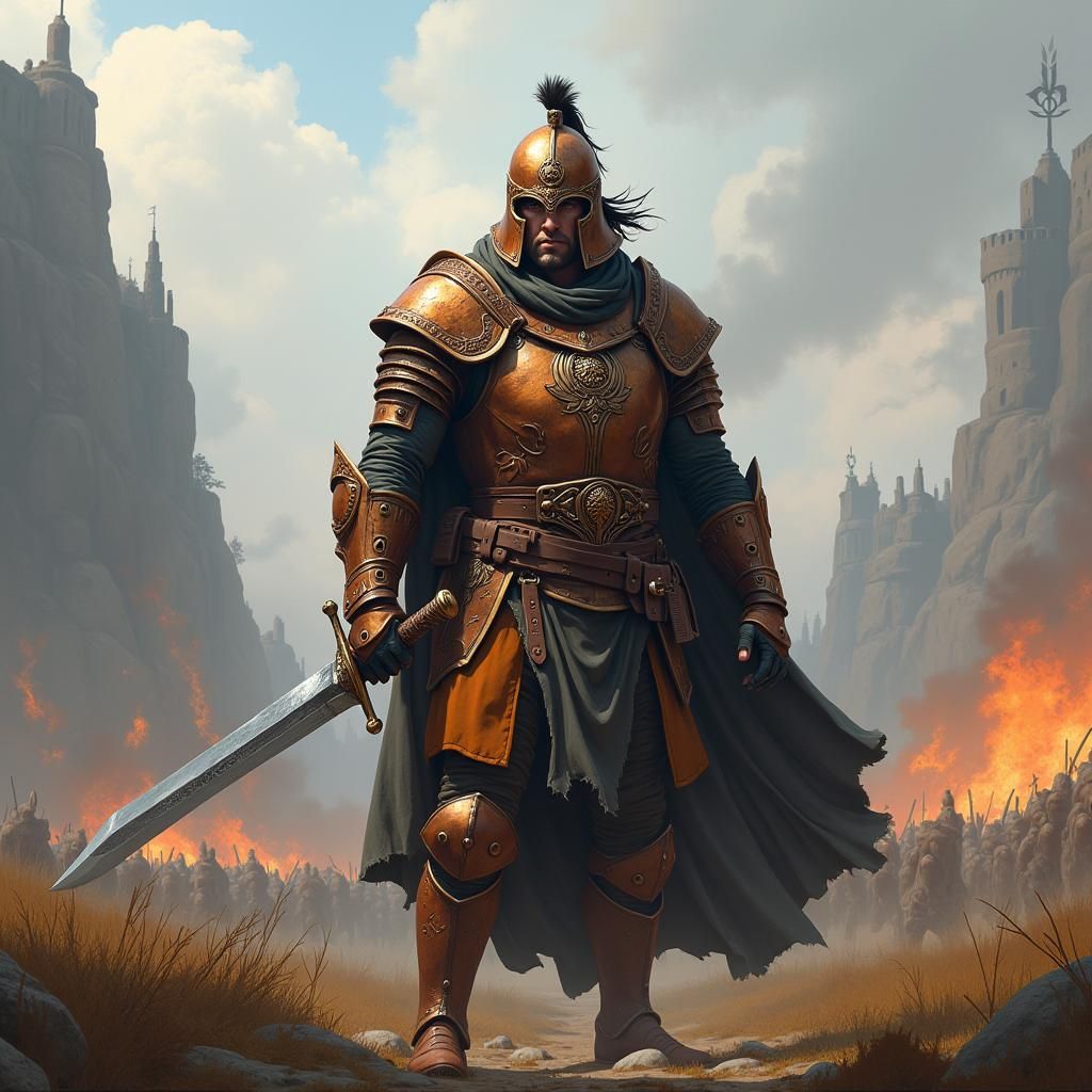 Fantasy Warrior in Battlefield, Matte Painting Style