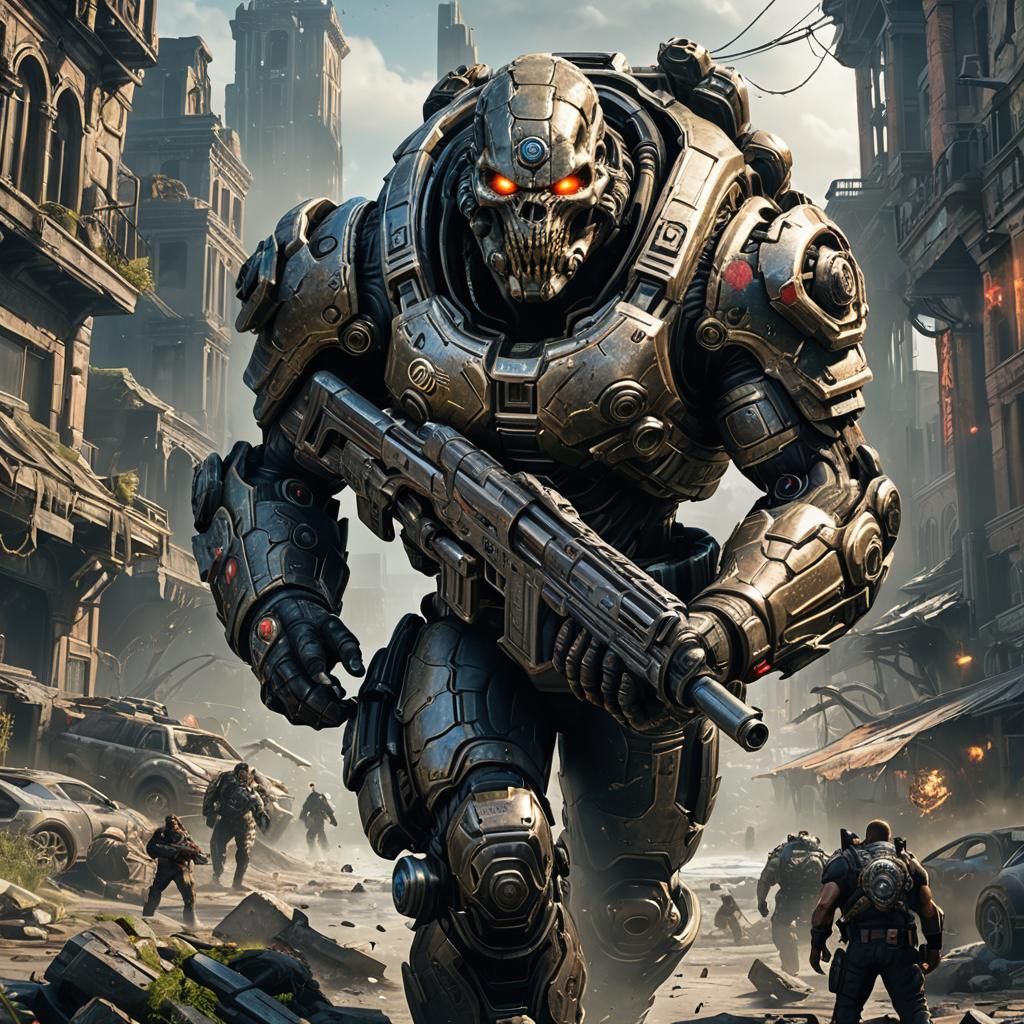 Gears of War Alien Warrior in Ruined Cityscape