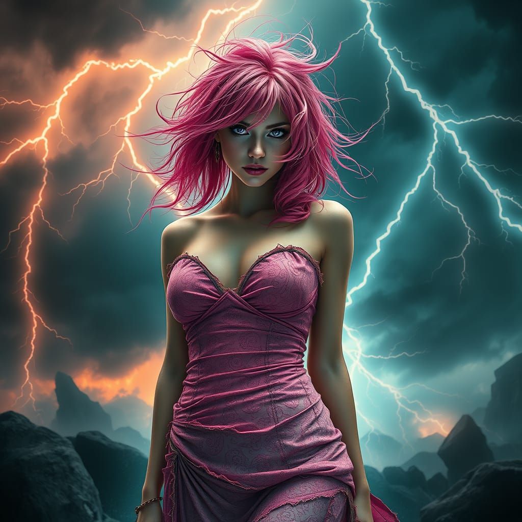 Storm Goddess in Tattered Pink Rock Dress