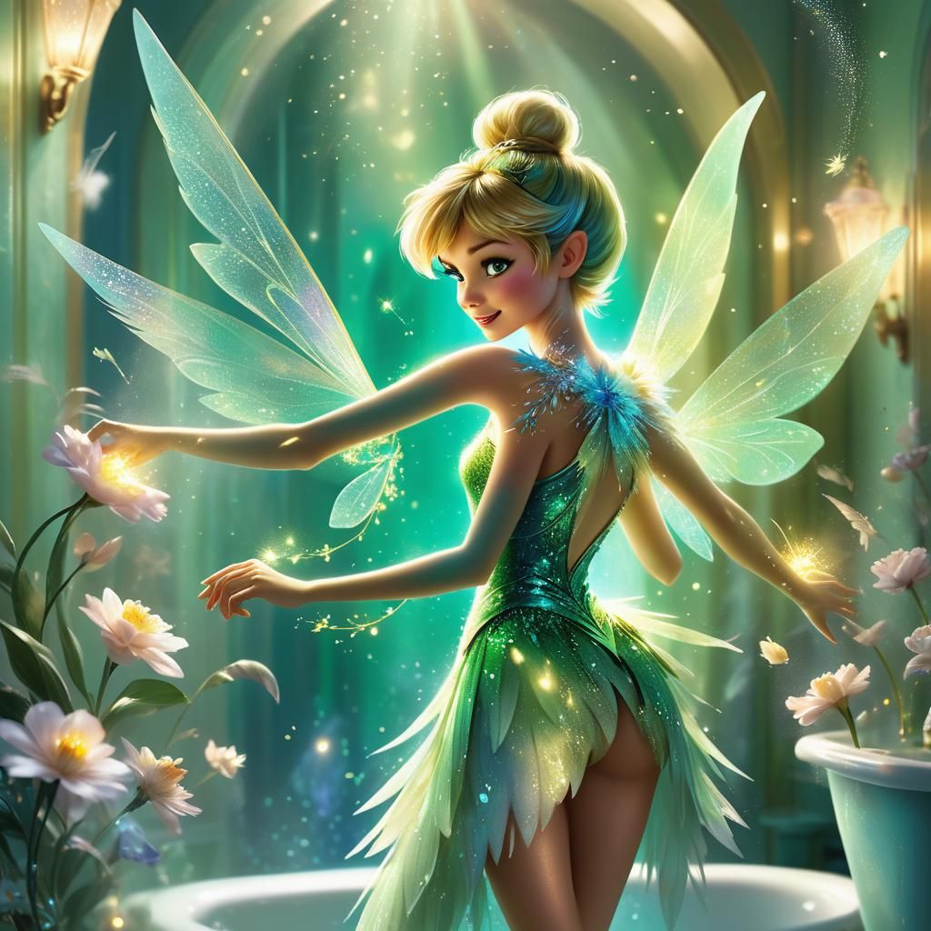 Tinkerbell in a Floral Bathroom with Iridescent Glow