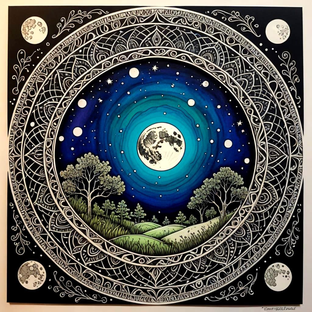 Jewel-Toned Zentangle Full Moon Art