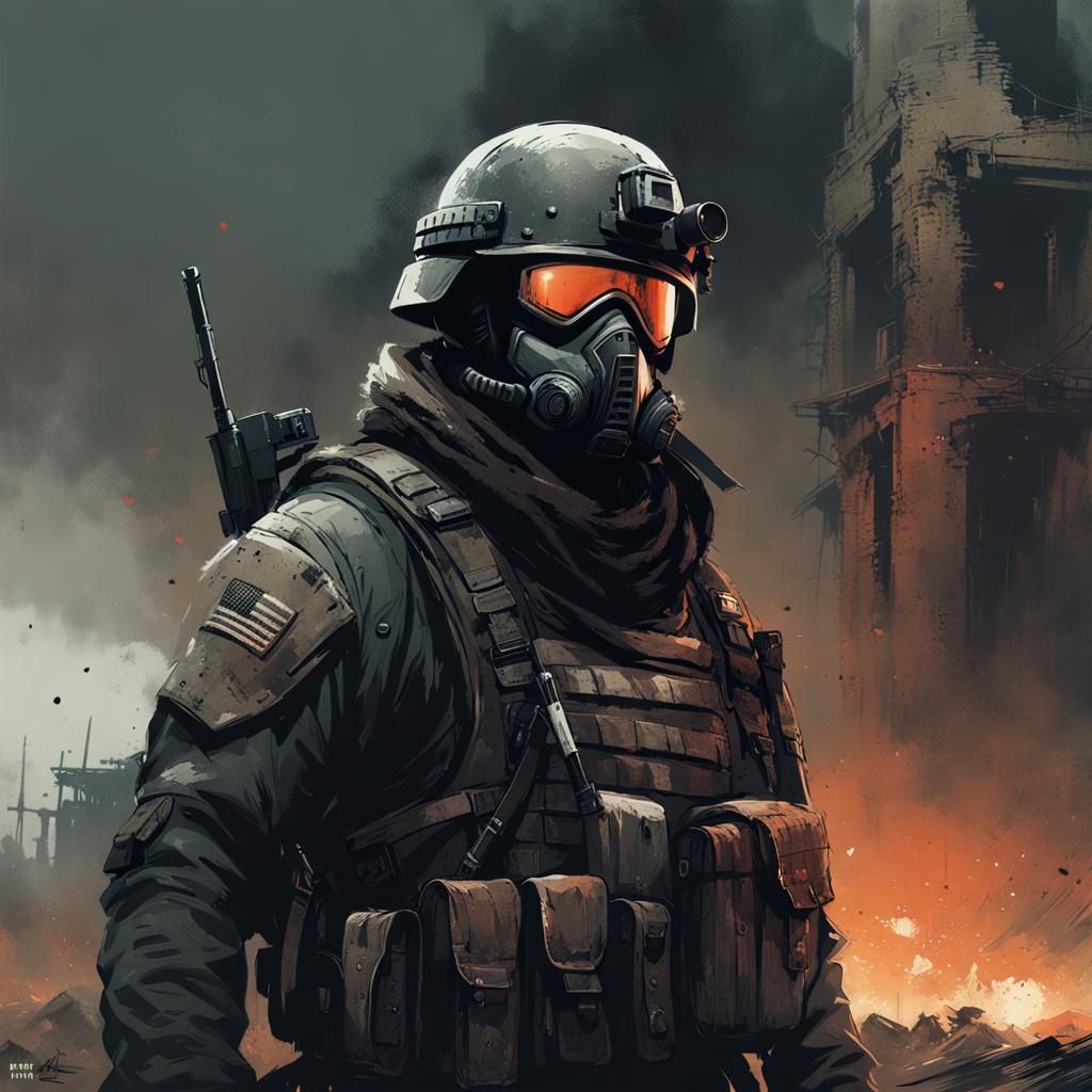 Gritty Soldier Portrait in Post-Apocalyptic Battlefield