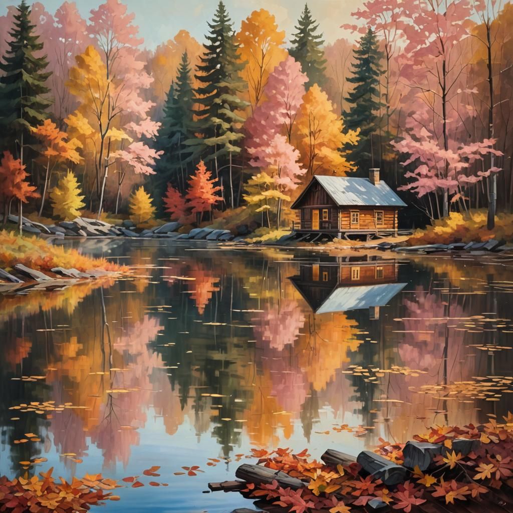 Vibrant Autumn Landscape with Lake in Impressionist Style