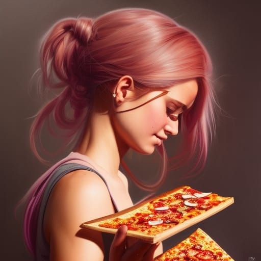 Girl Blushing While Eating Pizza: Hyperdetailed Portrait