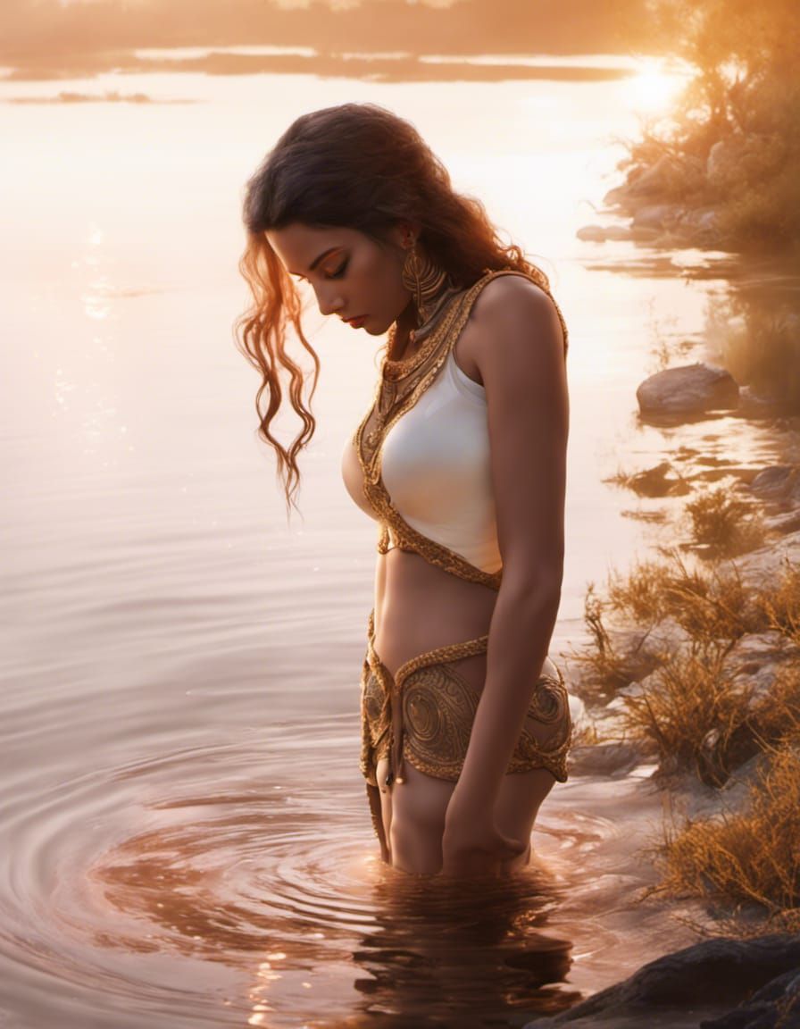 Indian Princess in Lake at Sunset: 8k Concept Art