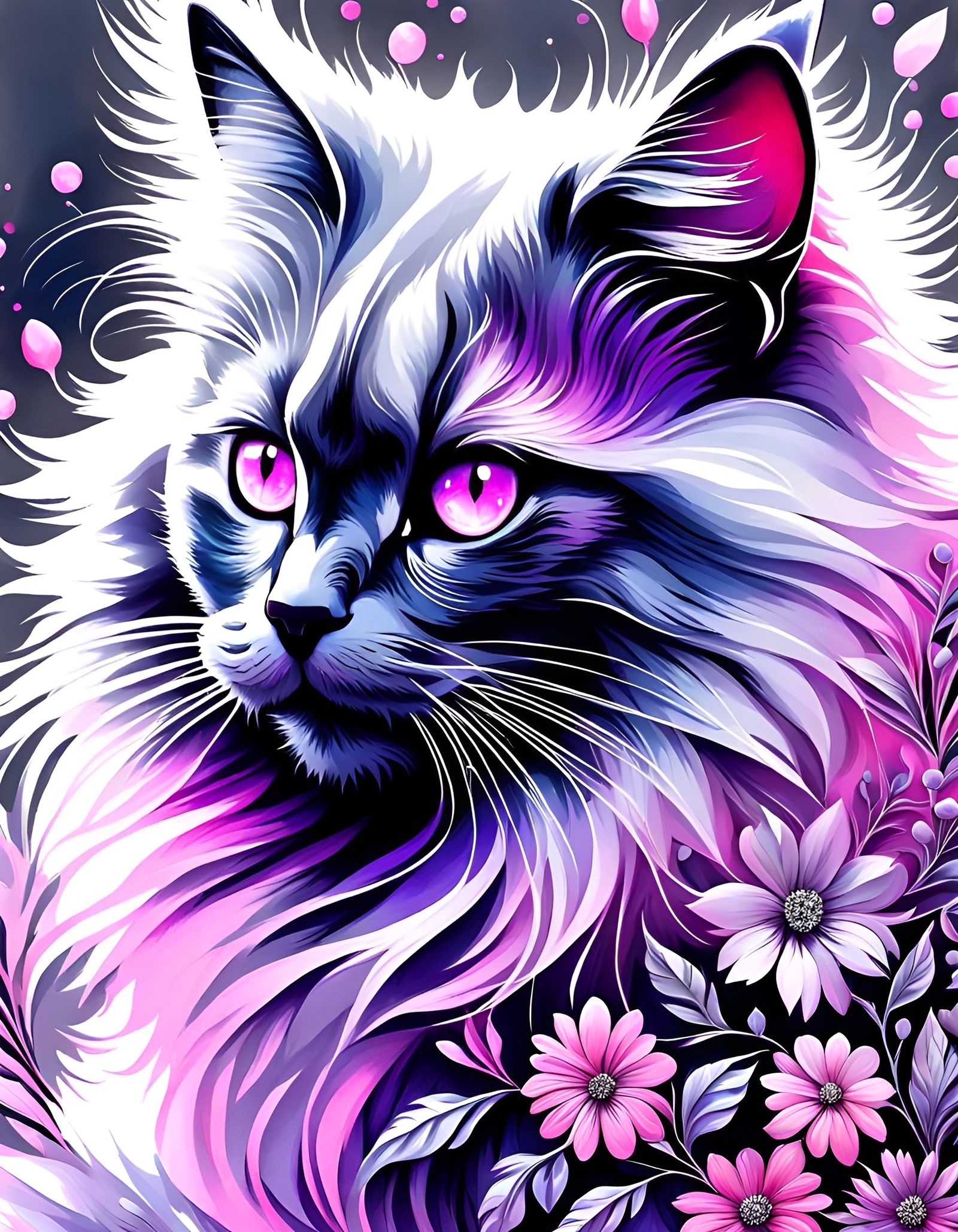 Fluffy Cat with Fractal Flowers, Digital Art