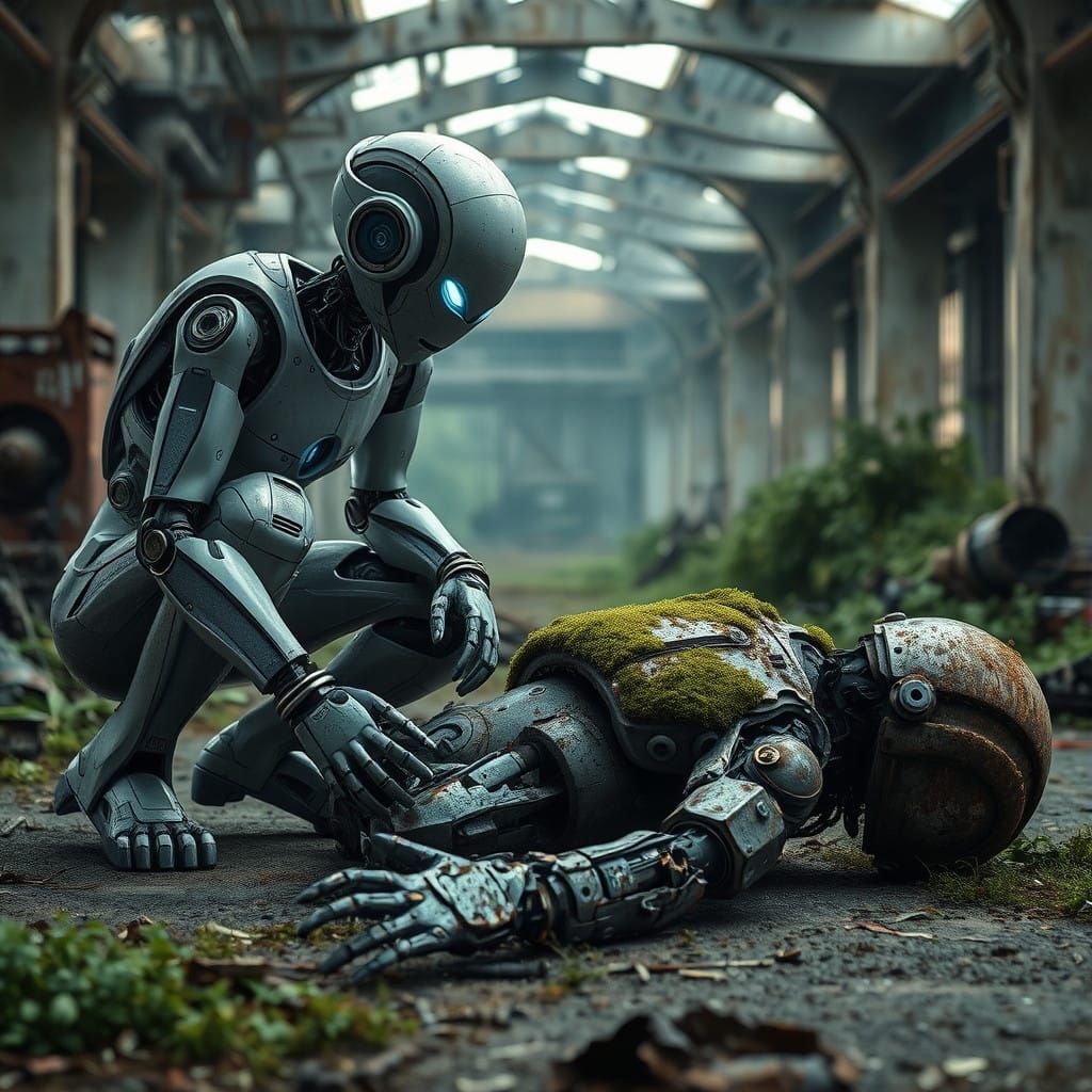 Sleek Robot Analyzes Weathered Predecessor in Abandoned Indu...