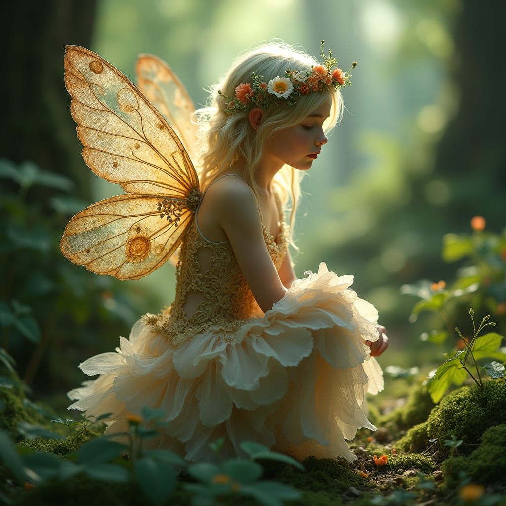 Whimsical Fairy in Lush Forest, Ethereal Light