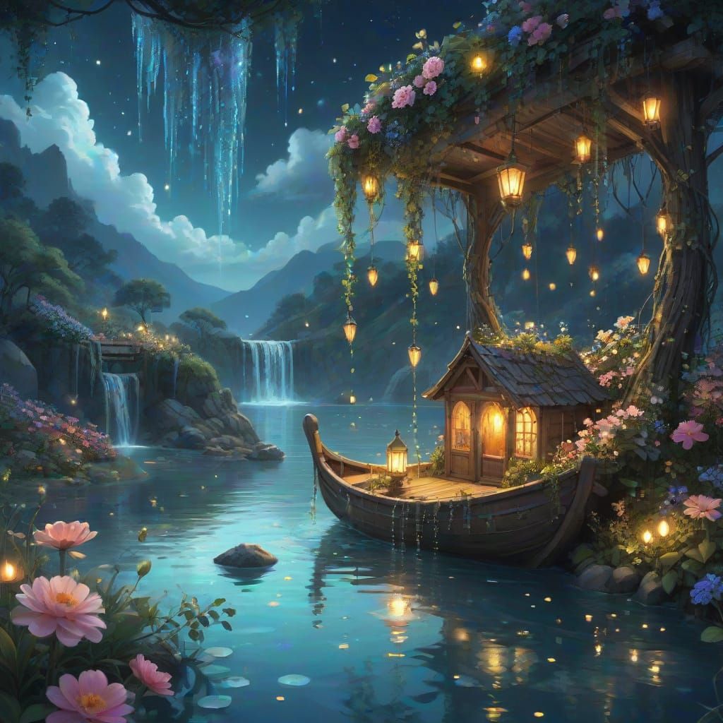 Enchanted Secret Garden with Midnight Waterfall
