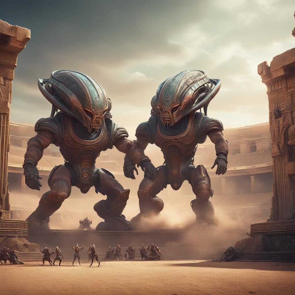 Alien War Machines Wrestle in Desert Arena