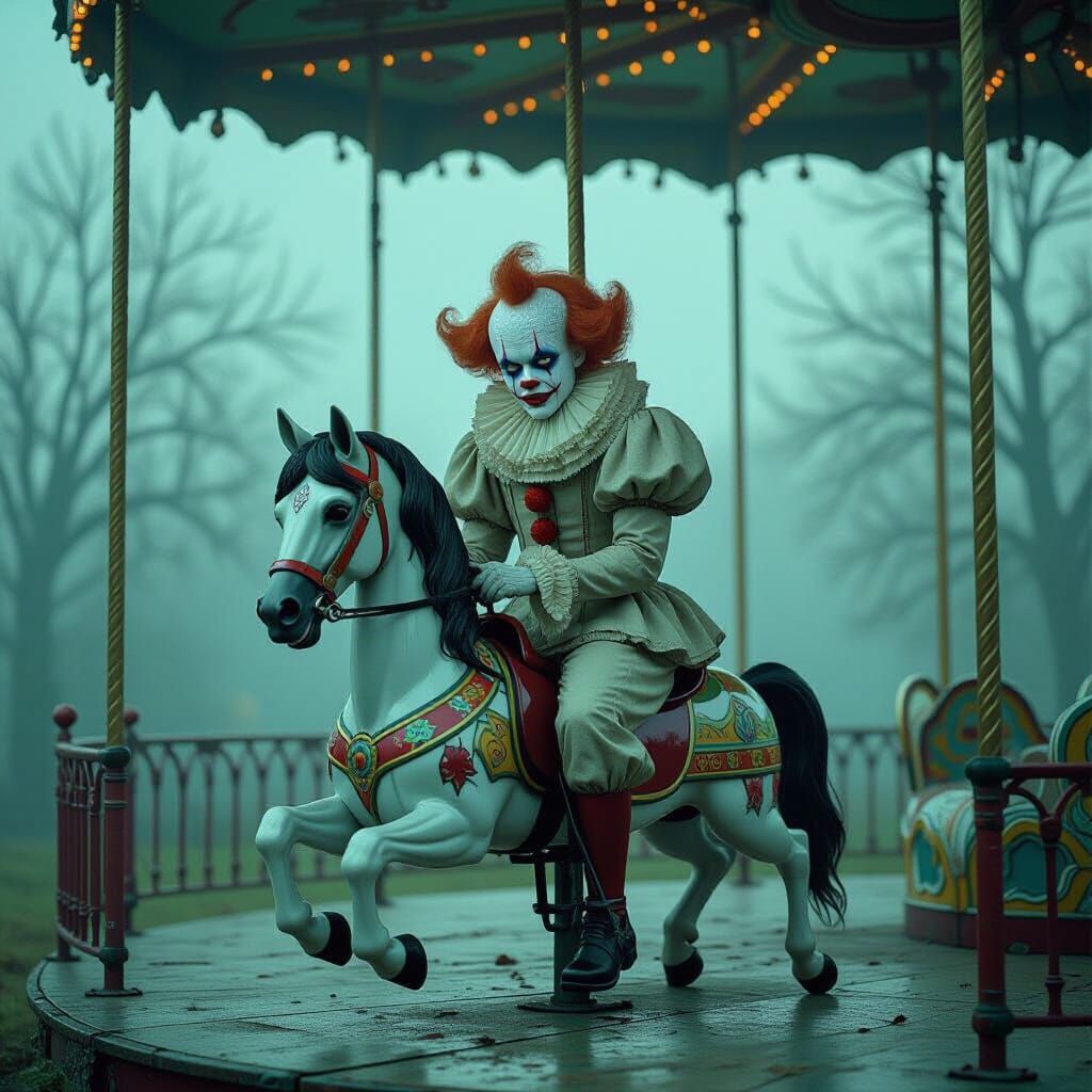 Melancholic Clown on Carousel Horse in Abandoned Park