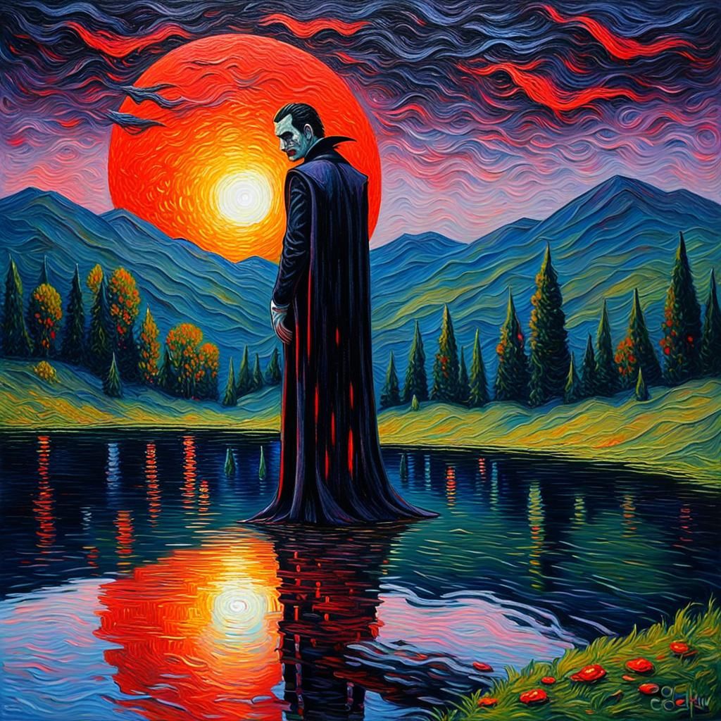 Vampire Reflection in Lake: Expressionist Horror