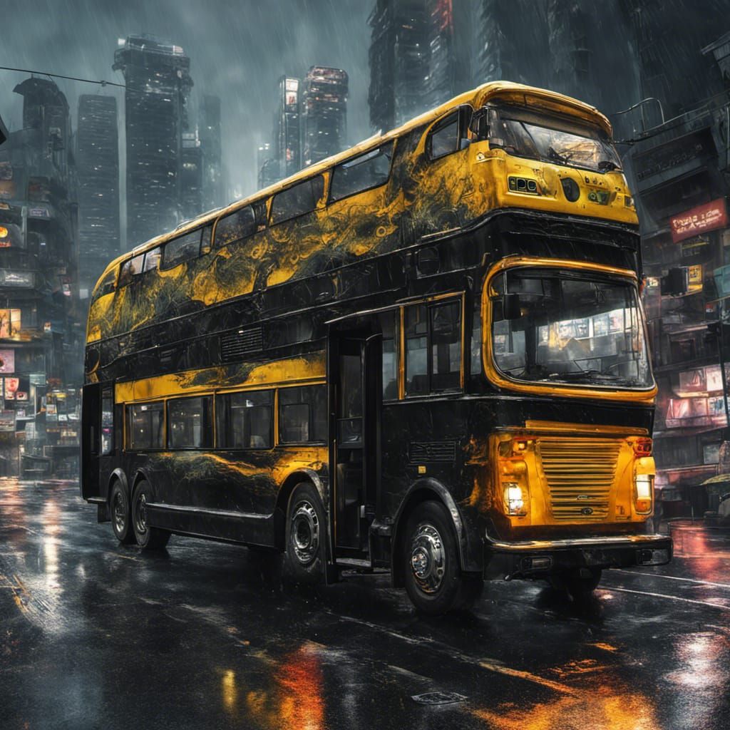 Futuristic Hong Kong Double Decker Bus at Night
