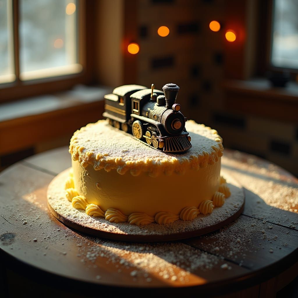 Polar Express Cake with Golden Icing and Steam Details