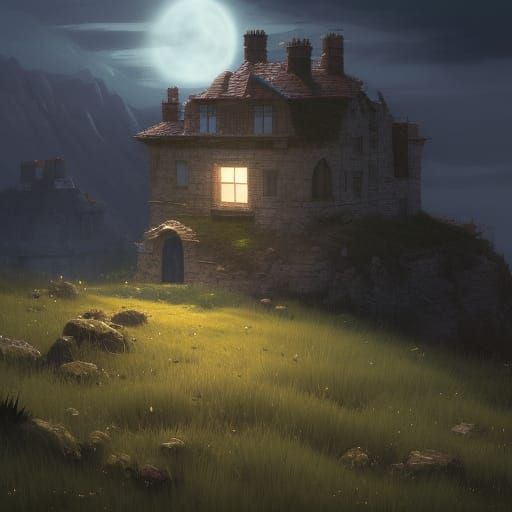 Moonlit House on Cliff: Dark Fantasy Concept Art
