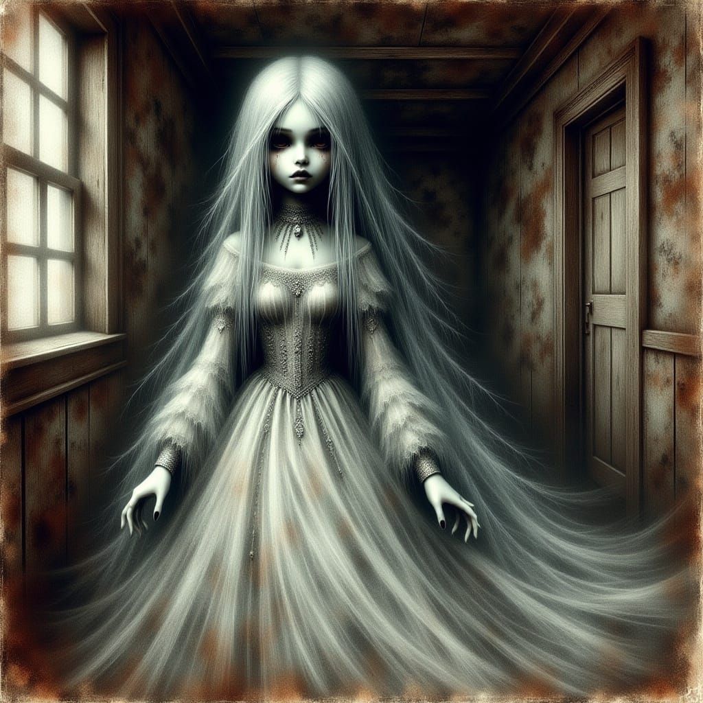 Ethereal Ghost Doll in Haunted Attic, Watercolor