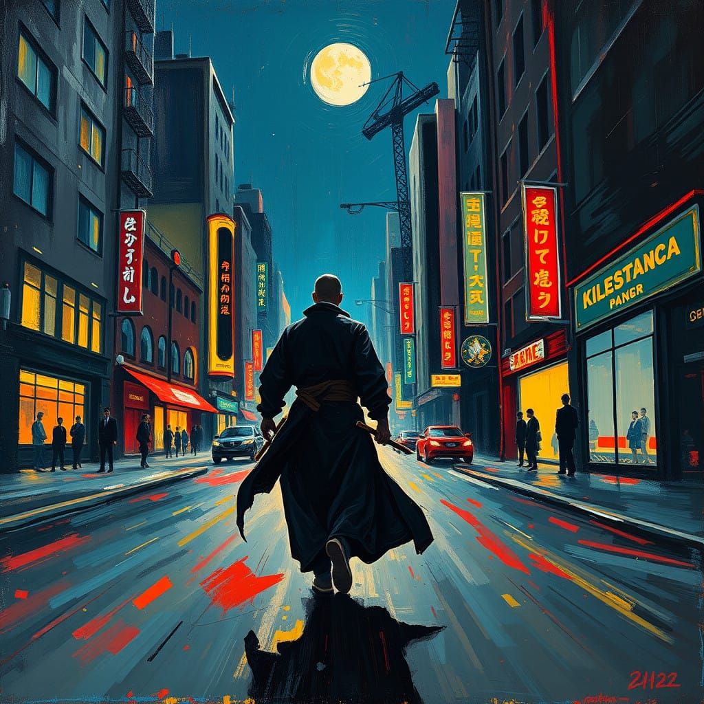 Dark Knight Patrolling City Street in Expressionist Style